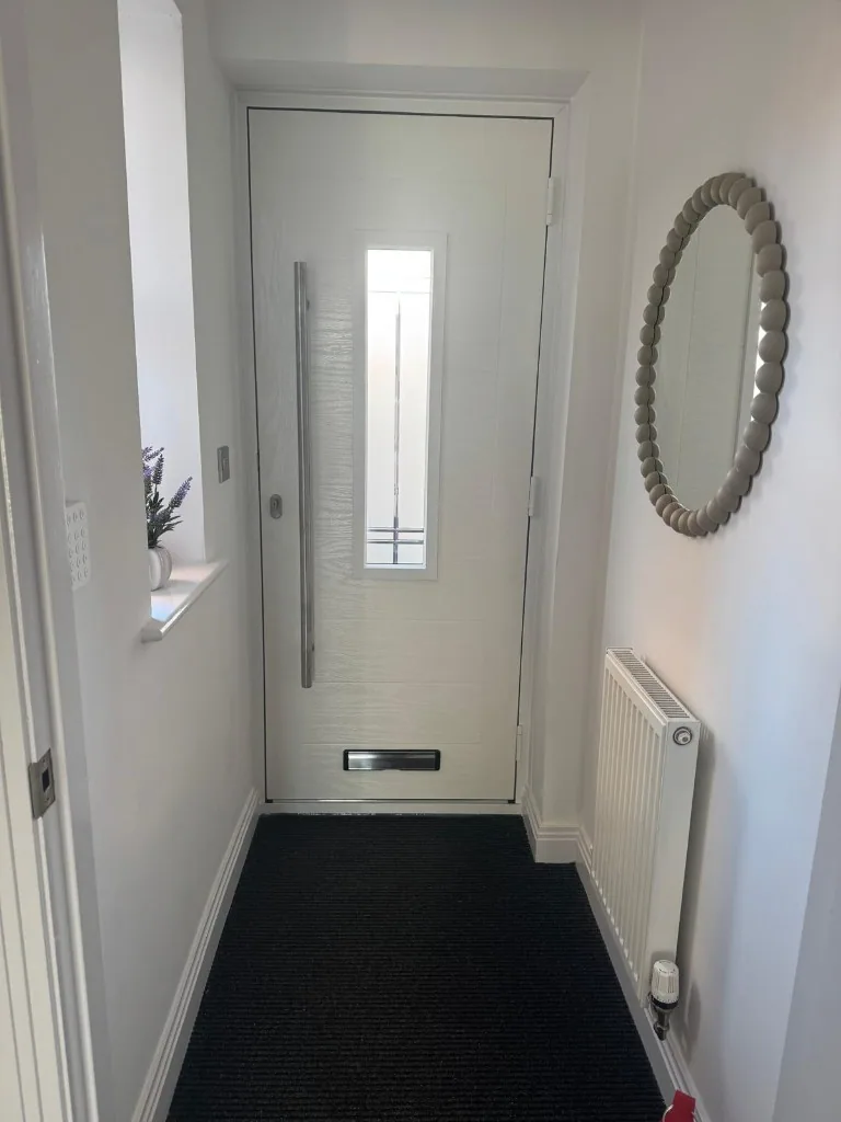 White composite front door with long pull handle